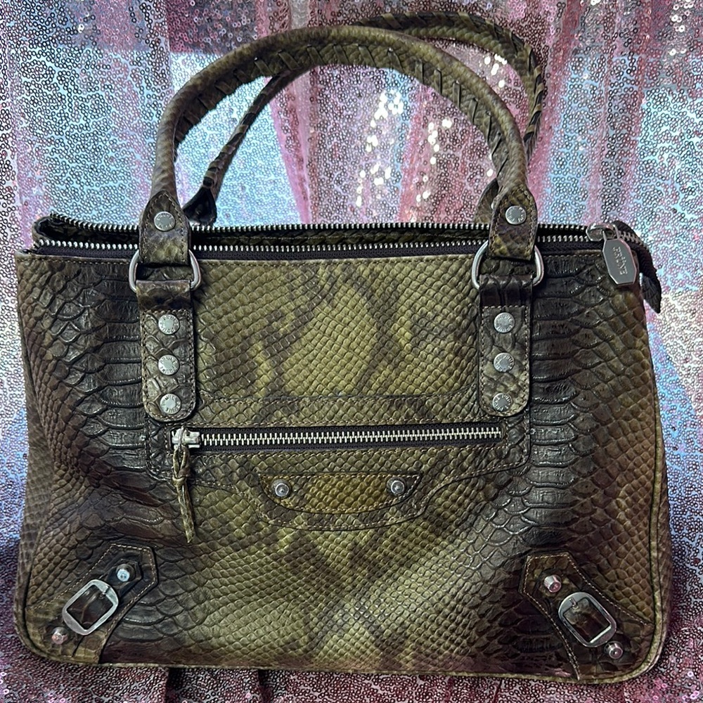 Prune Green Satchel with Snakeskin Texture and Metallic Hardware